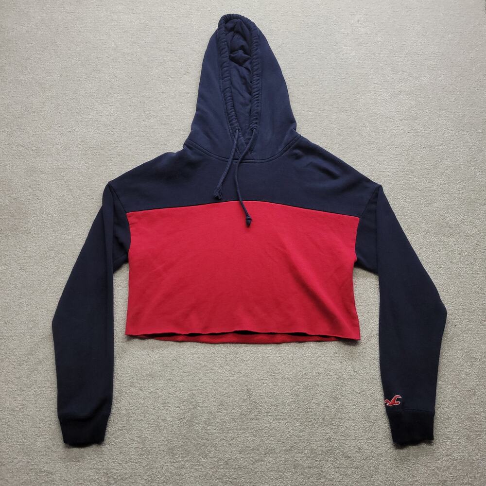 Hollister Womens Small Cropped Hoodie Navy Red Colorblock Raw Hem Pullover